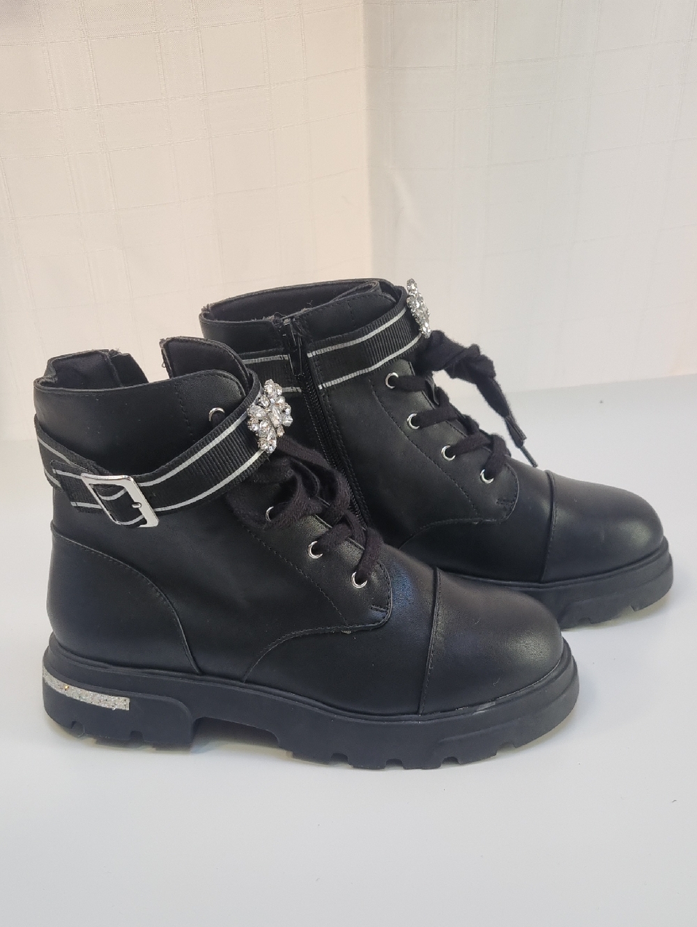 Jessica Simpson Black Lace-Up Combat Boots with Jeweled Strap